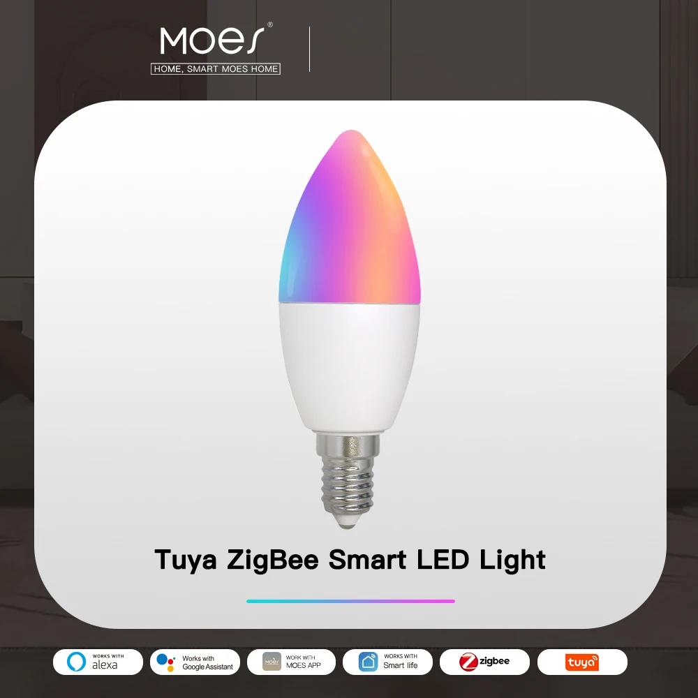 Светодиодная лампа MOES Zigbee, умная лампа-свеча E14, 5 Вт, RGBCCT, 2200-6500K, регулируемая яркость, функция голосового управления Google