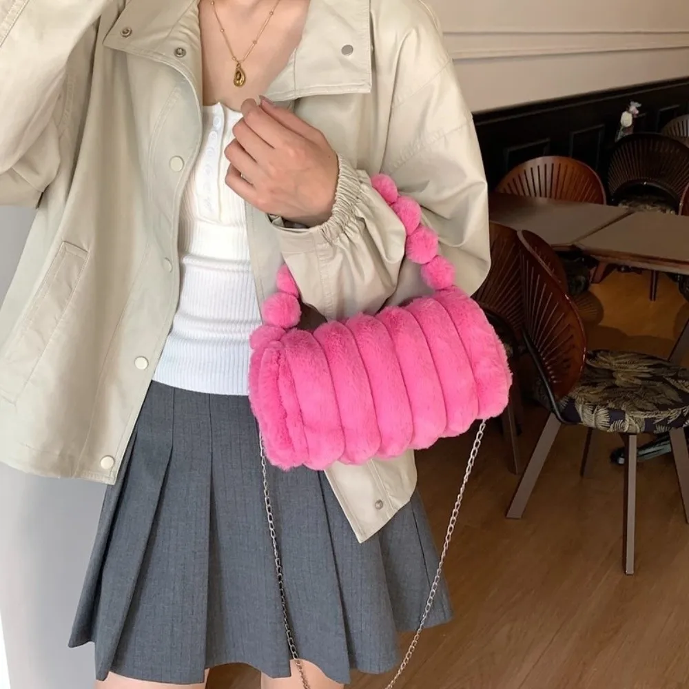 

Temperament Furry Plush Handbag Zipper Stripe Crossbody Bag Soft Large Capacity Chain Shoulder Bag School
