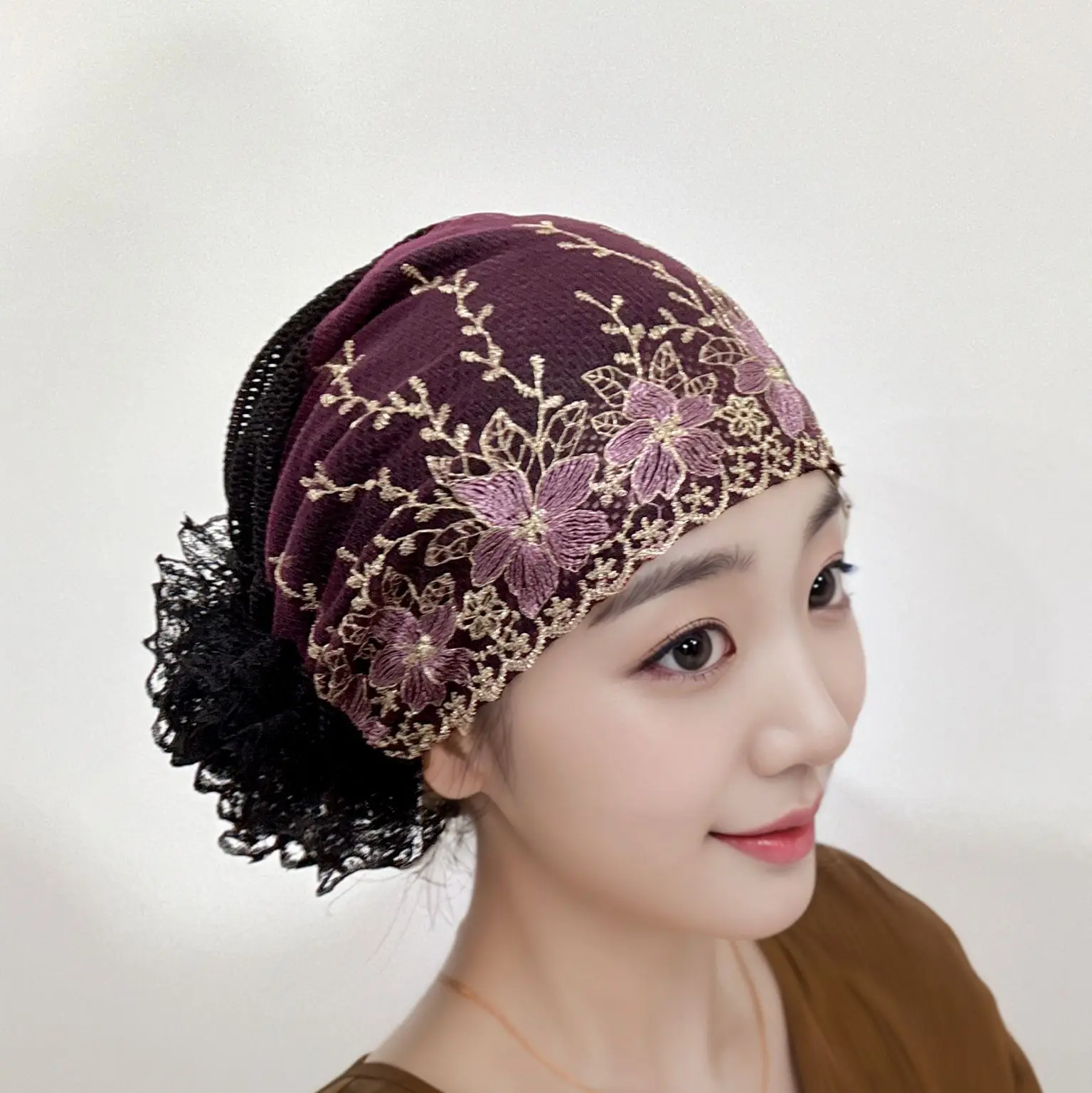 Breathable Embroidery Lace Turban Cap Elastic Flower Female Head Wraps Muslim Women Head Cover Cap Islamic Headwear Bonnet