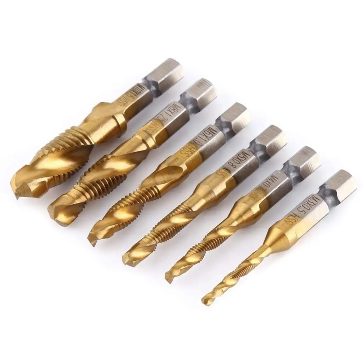 6 pezzi M3-M10 punte per trapano a vite rubinetti Hss Set di sbavature per svasatore punta combinata metrica punzone centrale automatico in acciaio ad alta velocità