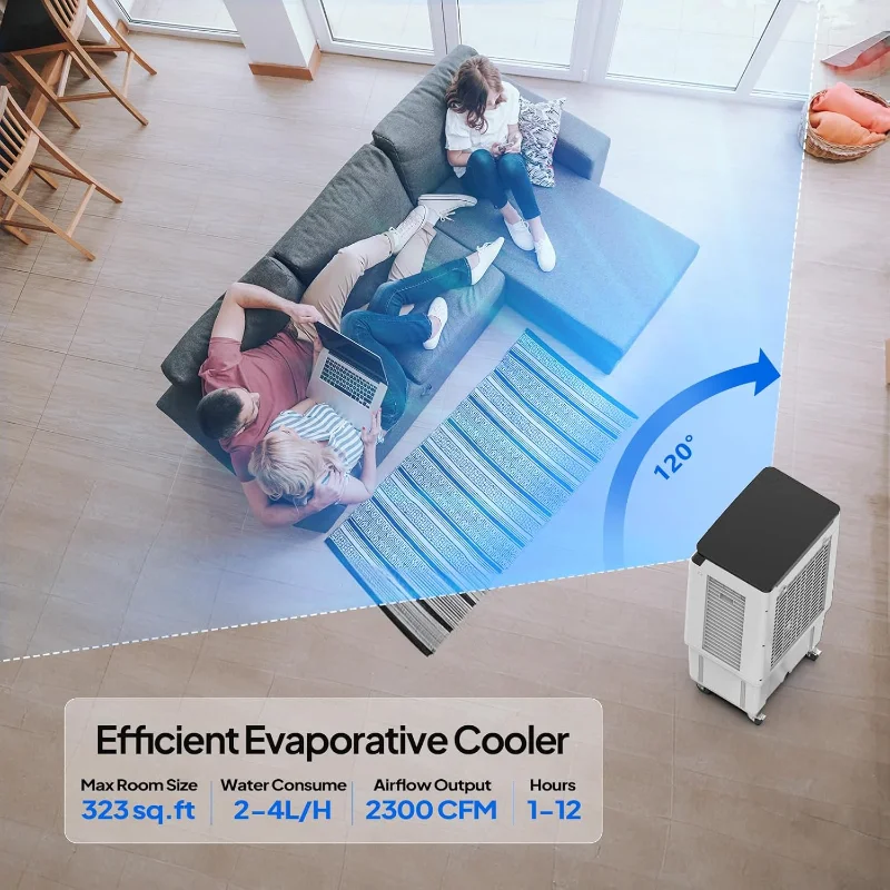 مبرد هواء محمول ROVSUN 2300CFM، مبرد مستنقع تبخيري 7.9 جالون/30 لتر، مروحة تبريد 3 في 1 مع جهاز تحكم عن بعد، مؤقت 12 ساعة