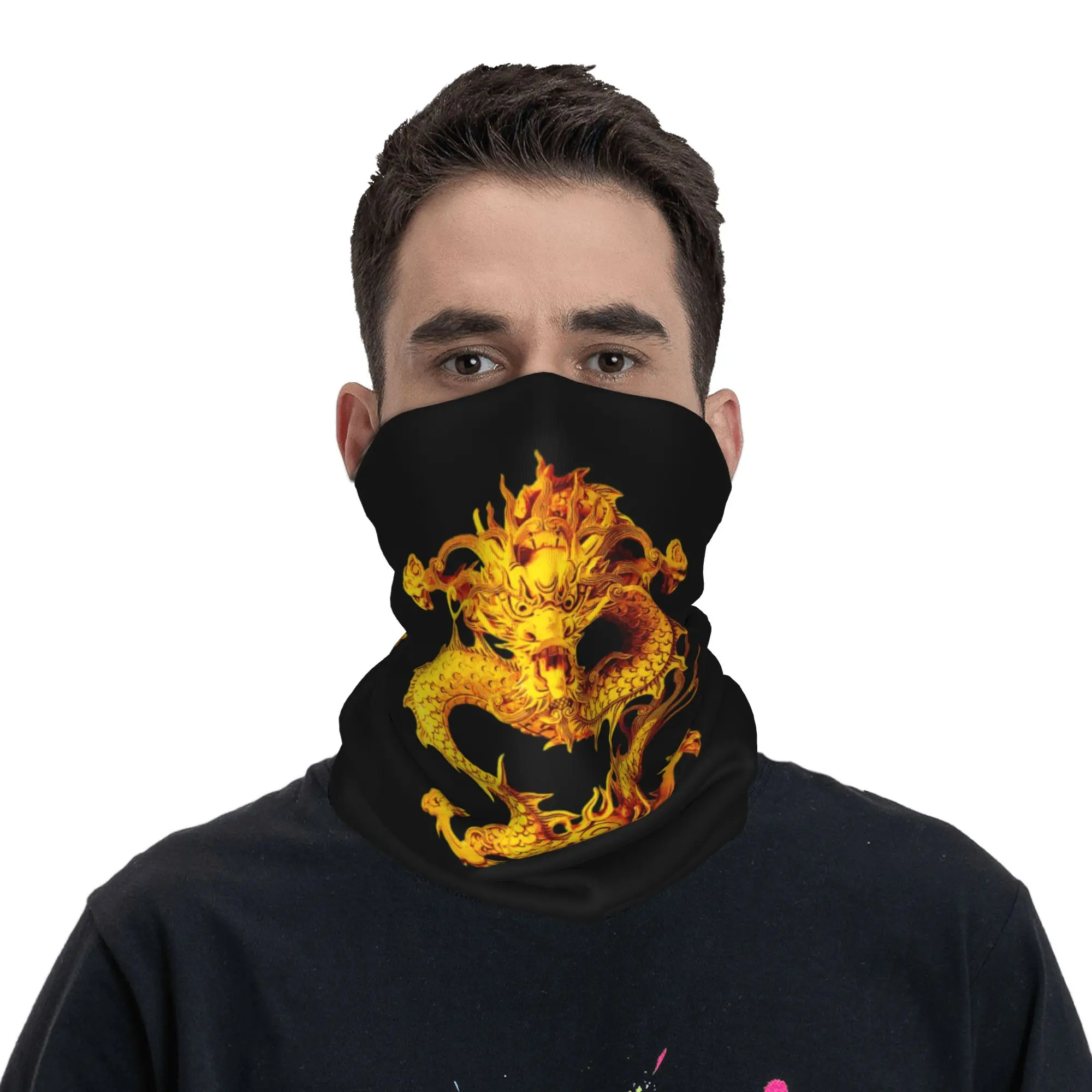 Custom Chinese Golden Dragon Bandana Winter Neck Warmer Men Windproof Wrap Face Scarf for Hiking Asian Oriental Style  Headband view 4