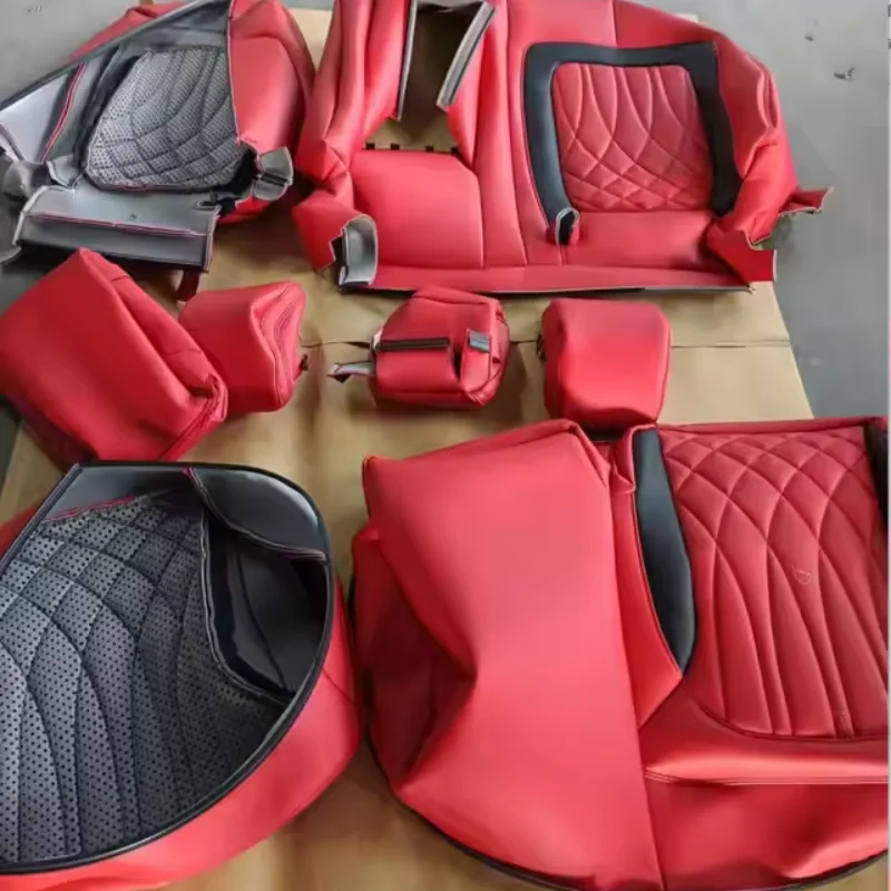 Full set unique black grid diamond design original fiber leather custom car seat covers for any car