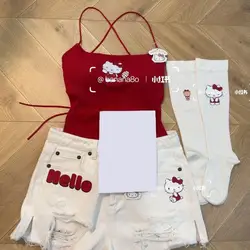 Sanrioed Anime Hello Kittys Sling Ins Girl Heart Kawaii Cotton Sexy All-Match Vest Jeans Suit Holiday Gifts