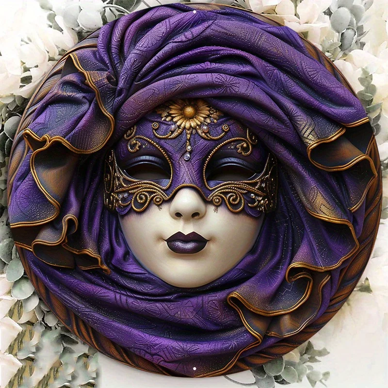 

Circular Aluminum Metal Sign Plaque, Decorative Venice Festival Mask Design, Premium Quality Wall Decoration by Wood, 8x8in