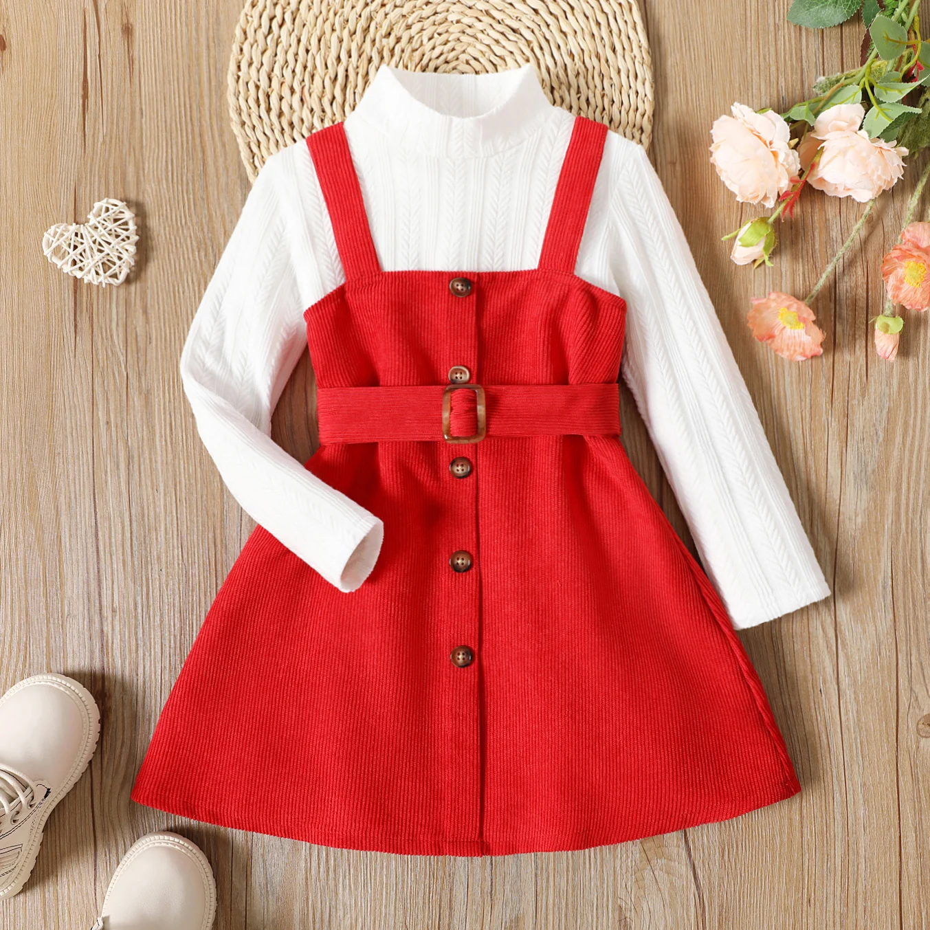 PatPat 2pcs Toddler Girl Mock Neck Textured White Tee and Button Design Belted Red Overall Dress Set