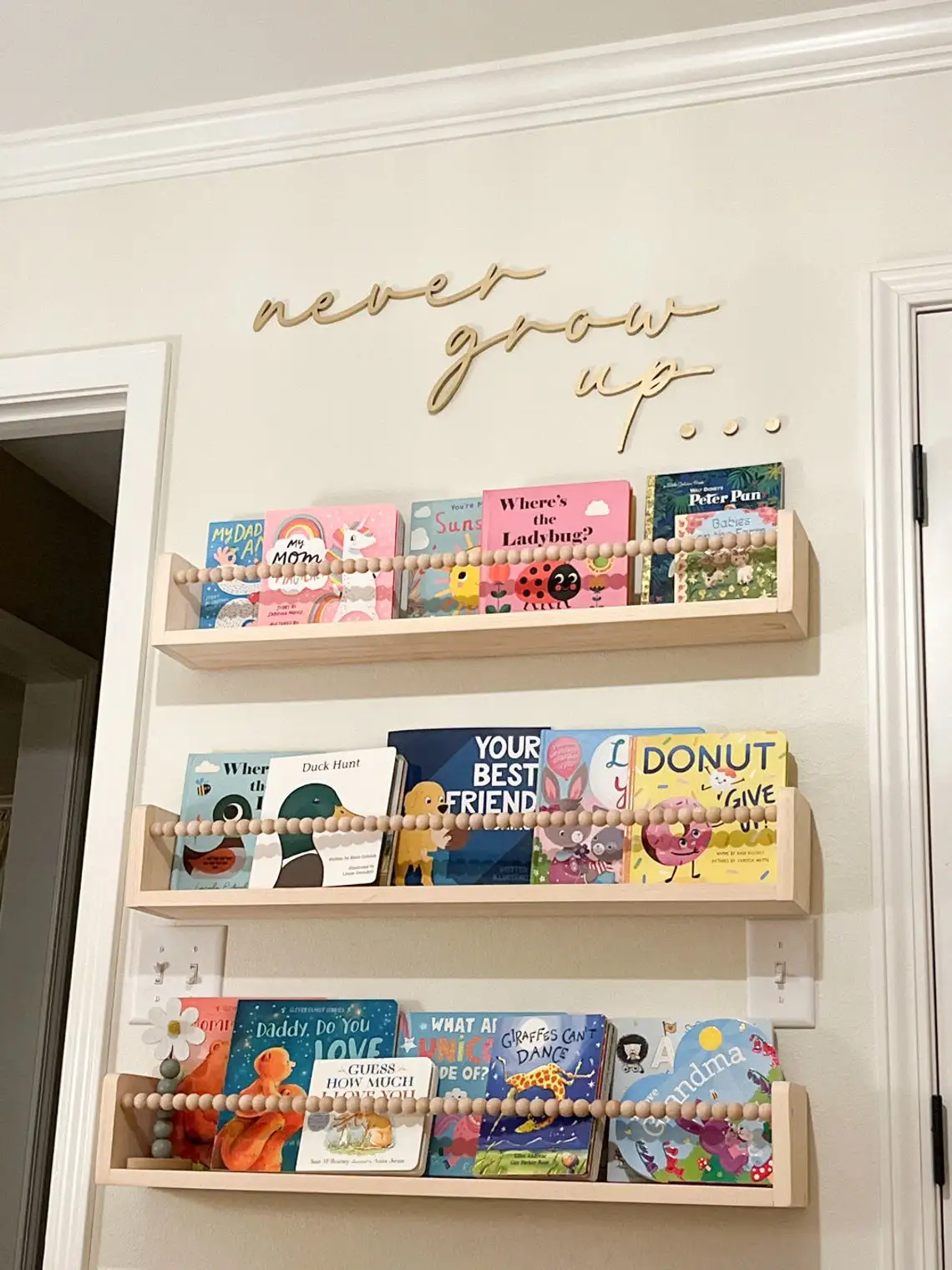 1pcs Beaded Children'S Bookcase Bedroom Floating Shelving Wall-Mounted Wooden Storage Shelf Home Decor Storage Rack