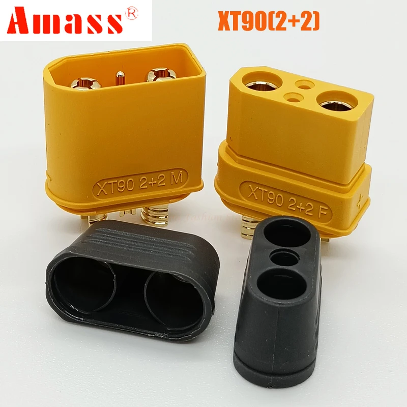 VUNIVERSUM 4 pares (8 unidades) Original Amass XT90 XT90H de alta corriente premium conectores dorados a prueba de polaridad inversa, conector hembra con tapas protectoras macho hembra 90A maqueta