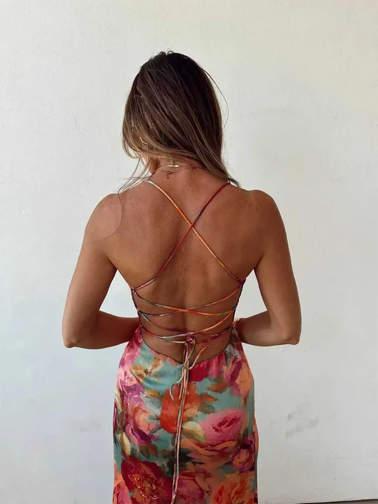 Casual Sleeveless Backless Tie Up Dress Summer New Low Cut Pleated Evening Dress Fashion Hot Girl Irregular Floral Printed Dress