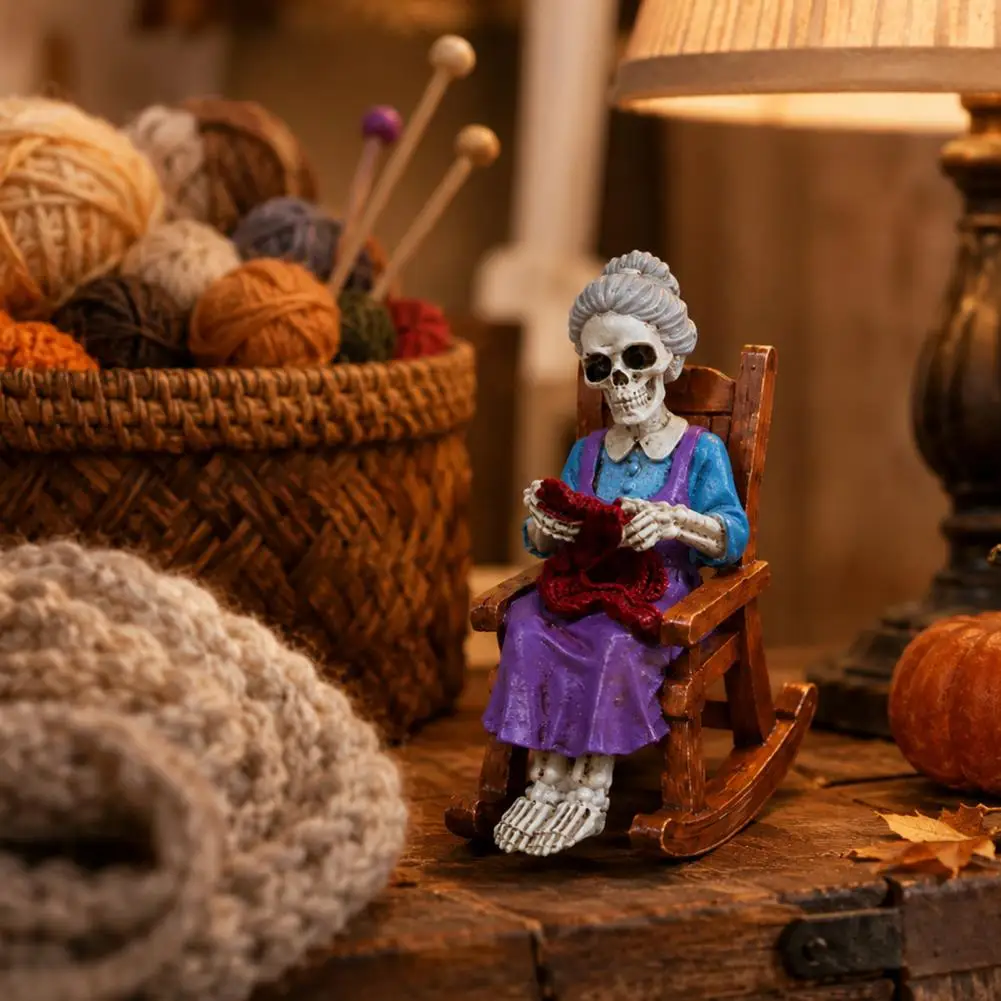 Mini Chair Statue Collectible Skeleton Shelf Sitter Halloween Skeleton Figurine Resin Skeleton Statue on Chair Coffee Drinking
