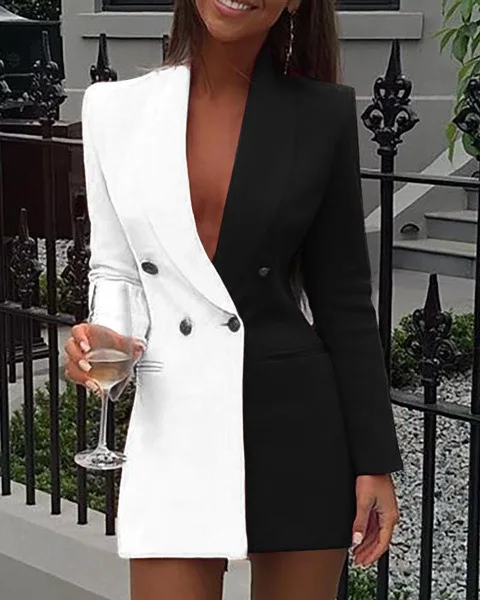 Colorblock Patchwork Suit Jacket Dress Coat V Neck Fashion Coat Long Sleeve Double Breasted Women'S Coat Winter Jacket For Women