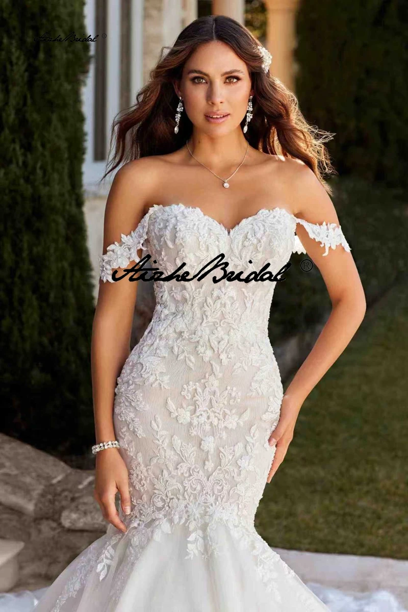 Schulterfreie Meerjungfrau-Brautkleider, individuelle Spitzenapplikationen, langes Brautkleid, ärmelloses, rückenfreies Boho-Brautkleid