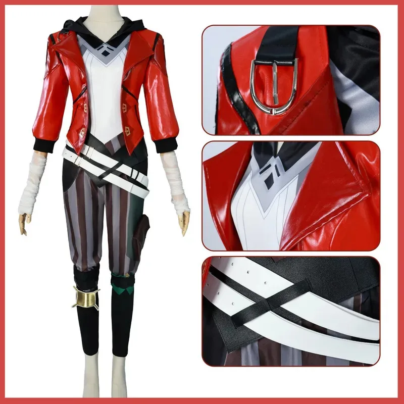 게임 LOL 리그 오브 레전드 비 필트오버 엔포서 코스프레 의상 레드 PU 코트 전투복 가발 신발 남녀 공용 카니발 의상