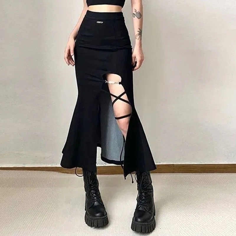 MEXZT Y2K Split Midi Skirt Women Streetwear Bandage Black Mermaid Skirts Korean Gothic Sexy Slit High Waist Slim Trumpet Skirts