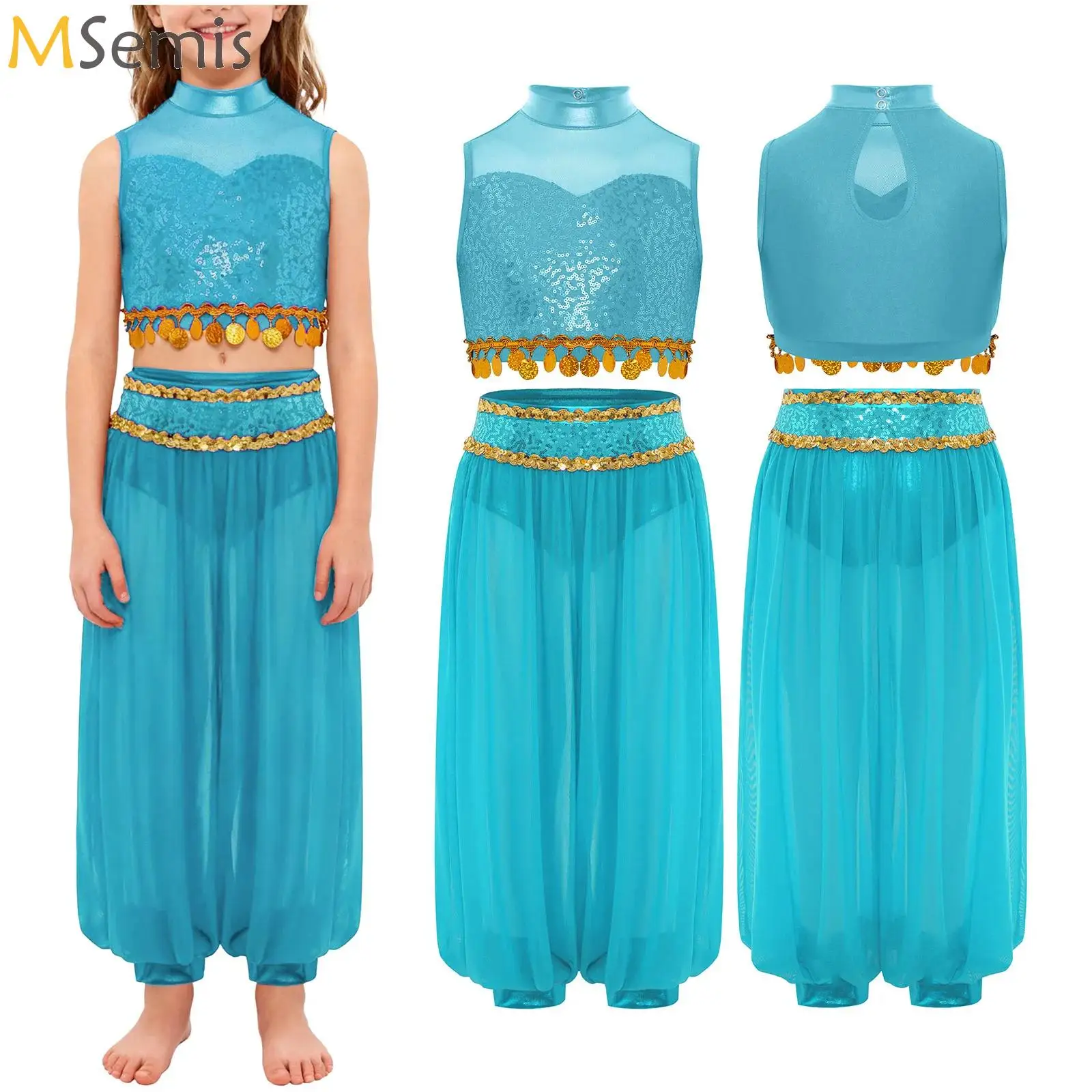 Arabisch buikdanskostuum voor kinderen Danskleding voor meisjes Mouwloze crop top met pailletten en mesh bloeiersbroek voor toneelvoorstellingen