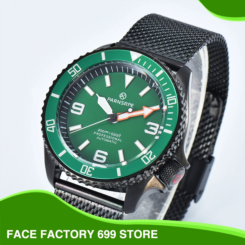 PARNSRPE - Luxury High Quality 42mm Self Winding Men's Watch NH35 Caliber PVD Black Mechanical Green Watch Sapphire Crystal