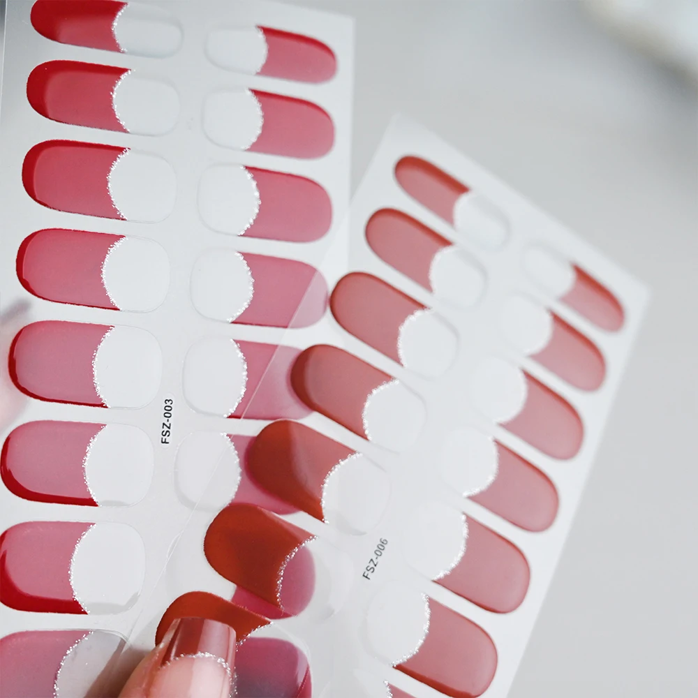 16TIPS French Nail Tips UV Semi Cured Nail Art Strips Red Adhesive Full Wrap Gel Waterproof Nail Wrap Super Easy Decal Tips