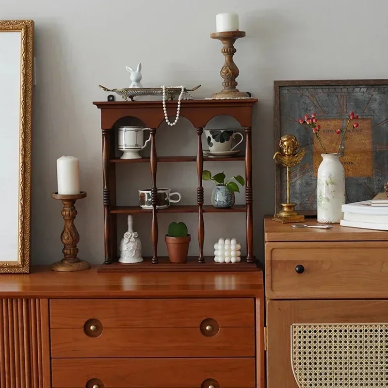 Retro Retro ถ้วยกาแฟผู้ถือไม้ Arch ชั้นวาง Multi-partition ตู้แสดงตกแต่งห้องนั่งเล่น Wall Organizer ขาตั้งแก้ว