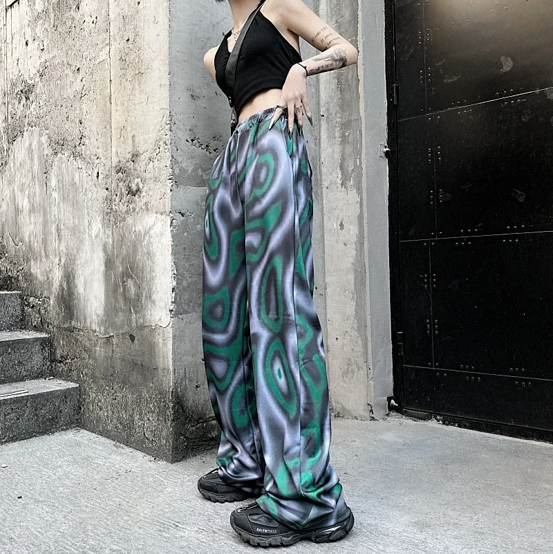 Pantalones rectos de cintura alta para mujer, pantalón de Cachemira con contraste de Graffiti, ropa estética grunge, y2k, harajuku callejero, 2024