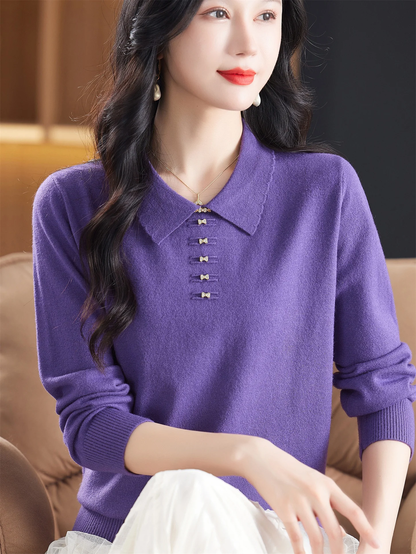 

2025 New Faionable Knitted Woolen T-irt Loose Fit Women's Middle-Aged And ly Spring Autumn Wear Casual Cleanable