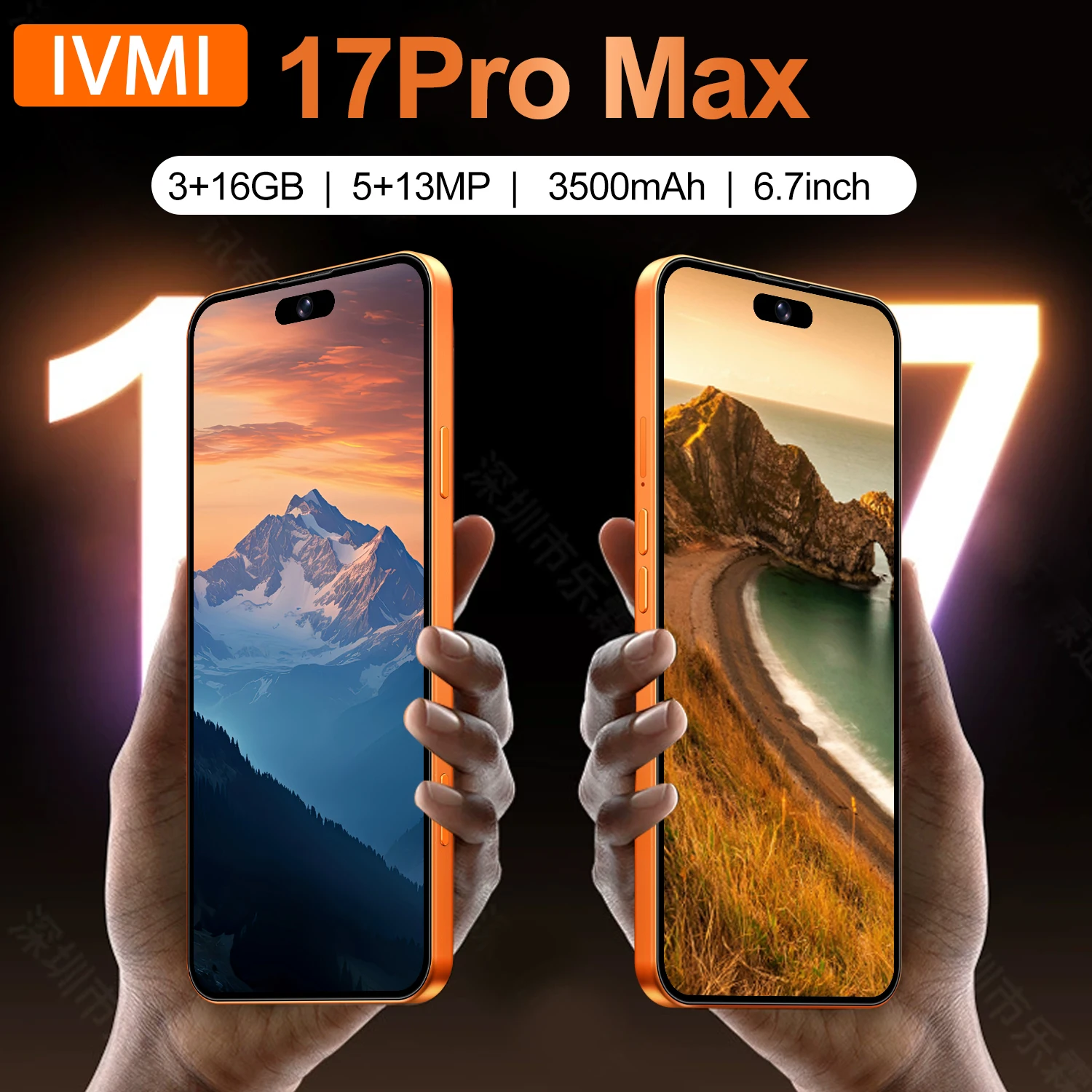 IVMI Global Vision 17 Pro Max Smartphone Android 3GB RAM 16GB ROM Dual SIM Fingerprint Face Unlock 4G Mobile Phones