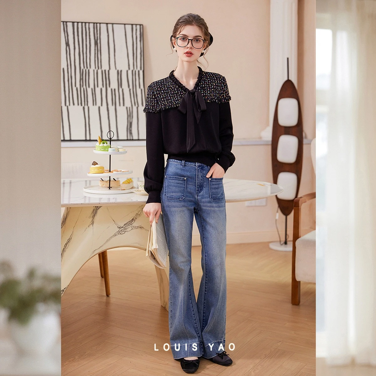 

LOUIS YAO Stylish Novel Color-Block Patchwork Sweatshirt 2025Spring/Autumn Stretchable Drawstring V-Neck Long-Sleeve Women's Top