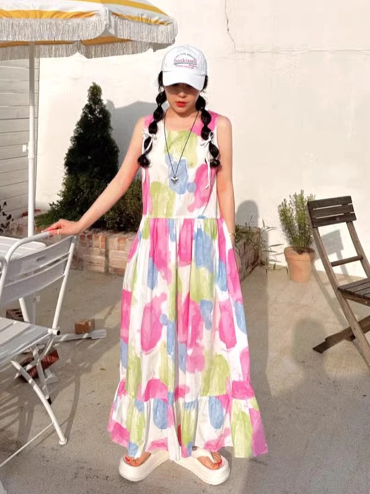 여름 새 스타일 여성의 느슨한 민소매 롱 드레스 조끼 염색 인쇄 유화 스타일 한국어 버전 롱 스커트