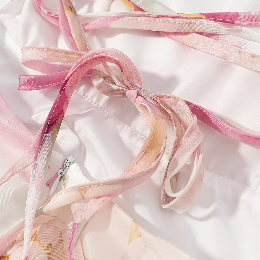 Keyanketian 2025 verão novo feriado vento flor impressão halter sem costas mini vestido moda em camadas organza vestido sem mangas feminino