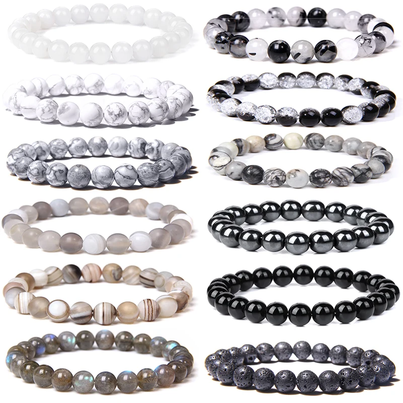 Natural Stone Beaded Bracelet 8mm Black White Agat Howlite Bracelets Stretch Energy Yoga Bracelet for Men Women Jewelry Gift