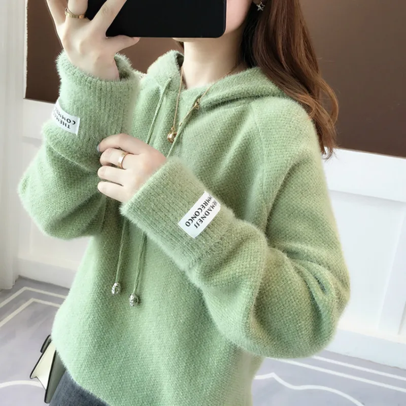 Spring Autumn New Women Mohair Sweaters Loose Pullovers Long Sleeve Streetwear Knitted Hooded Tops Solid Casual Thicken Sweaters