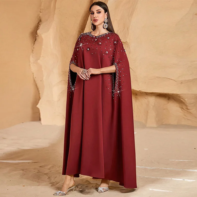 2025 Rhinestone Beaded Batwing Sleeve Abaya Muslim Dress Women Robe Ethnic Dubai Moroccan Kaftan Ramadan Arabic Islamic Clothes