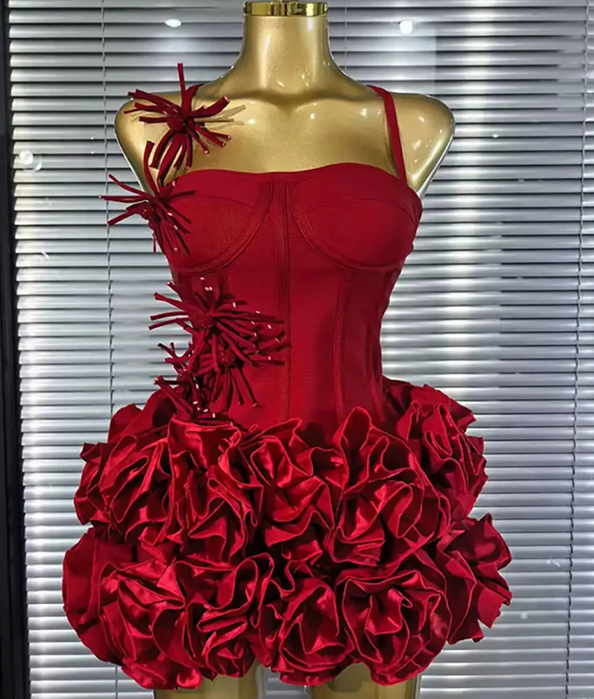 

Customized Sexy Satin Straight 3D Flowers Ruffles Evening Dress Delicate Halter Sweetheart Sleeveless Bespoke Occasion Gowns