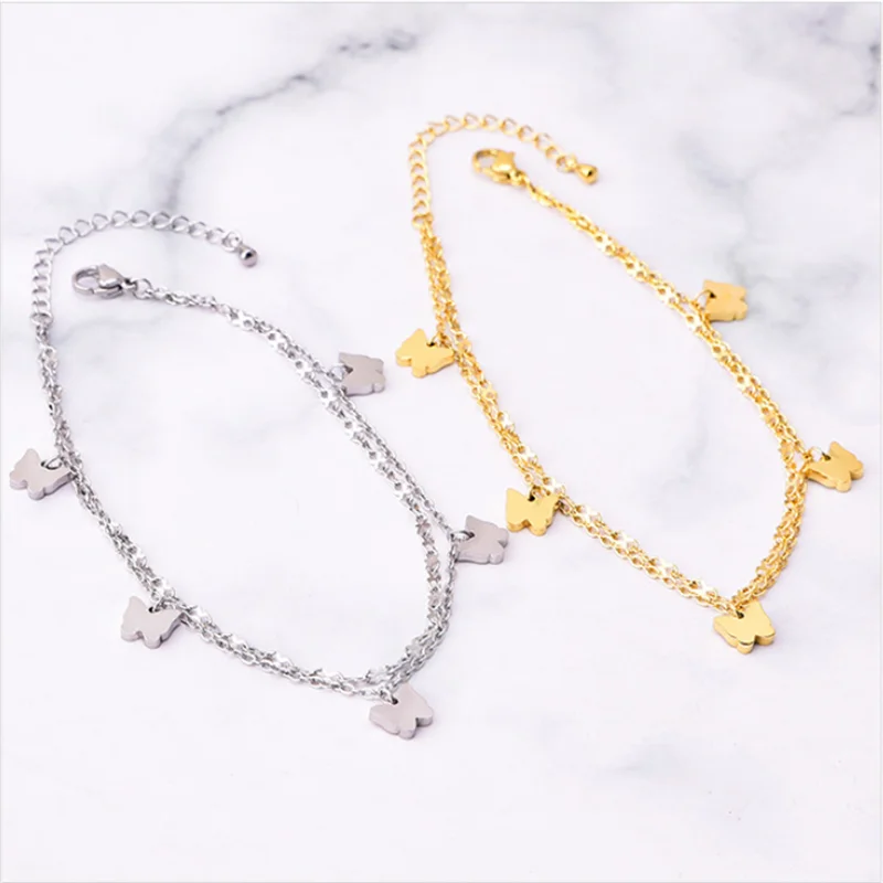 316L Stainless Steel New Fashion Jewelry 2 Layer Embedded In Natural Shells Hang 5 Butterflies Charm Chain Anklets For Women
