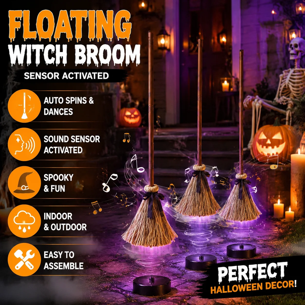 Halloween Electric Flying Witch Broom Sound Activated Dancing Suspended Motion Sensor Yard Haunted House Decoration