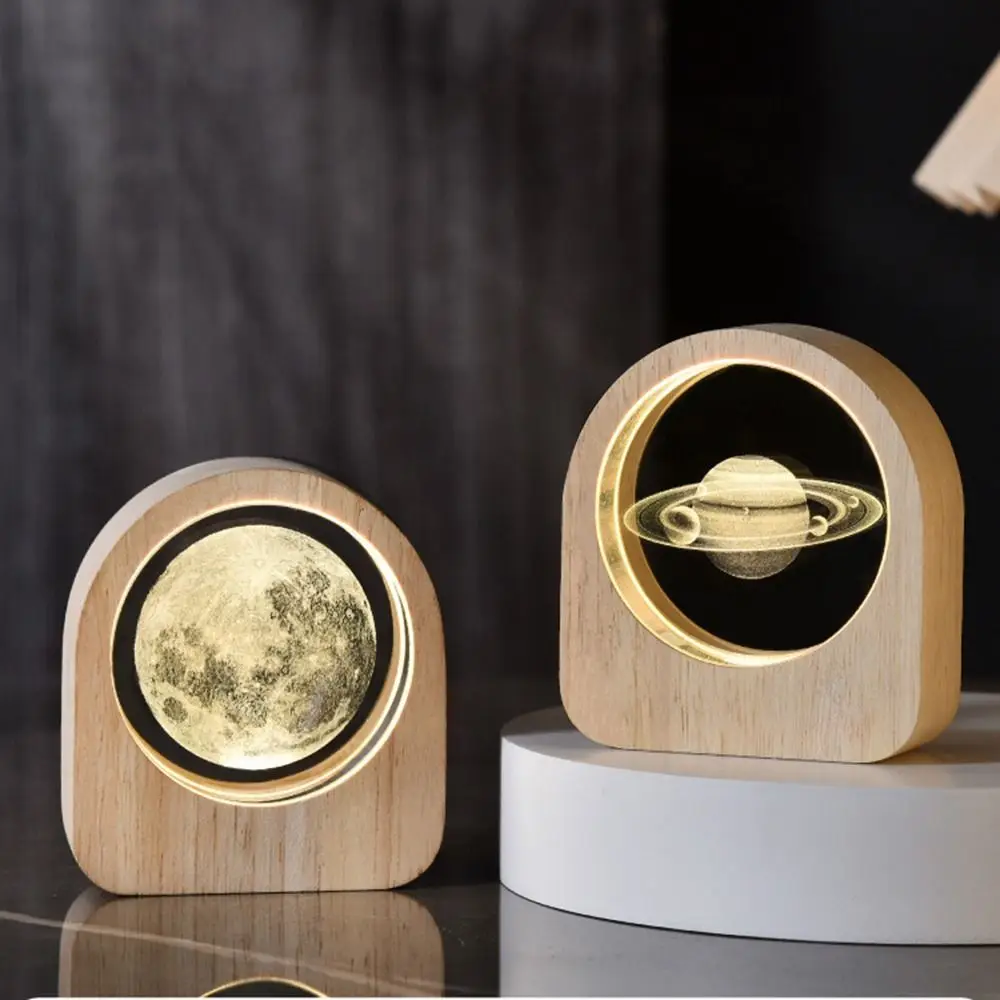 Warm Lights 3D Engraved Lamp Wooden Base Plug and Play Galaxy Night Lamp Decorative Laser Engraved Wood Crystal Night Light
