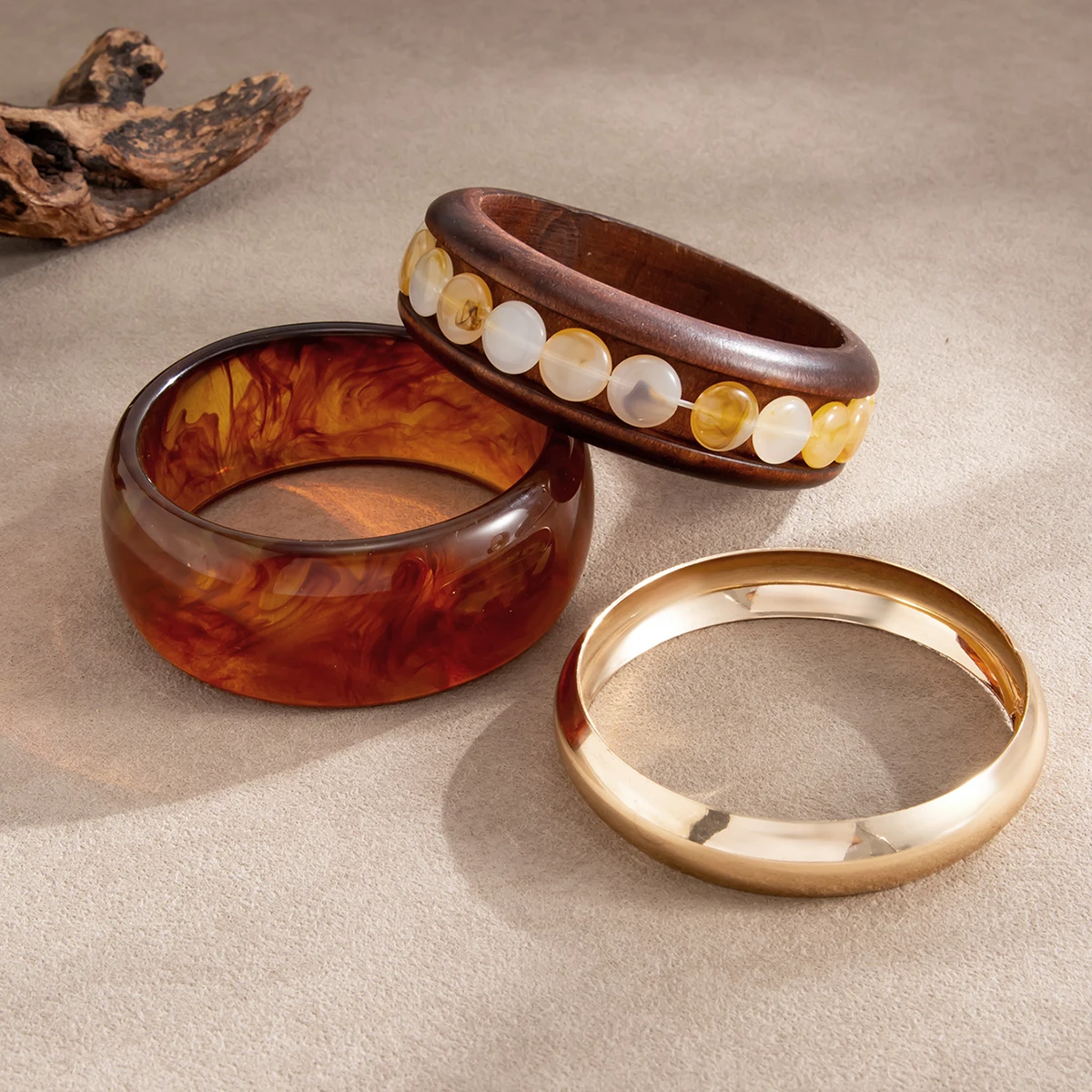 Salircon 3Pcs/Set Retro Punk Stackable Chunky Acrylic Wide Bangle Bracelet for Women Creative Multi Layer Wood Bangle Jewelry