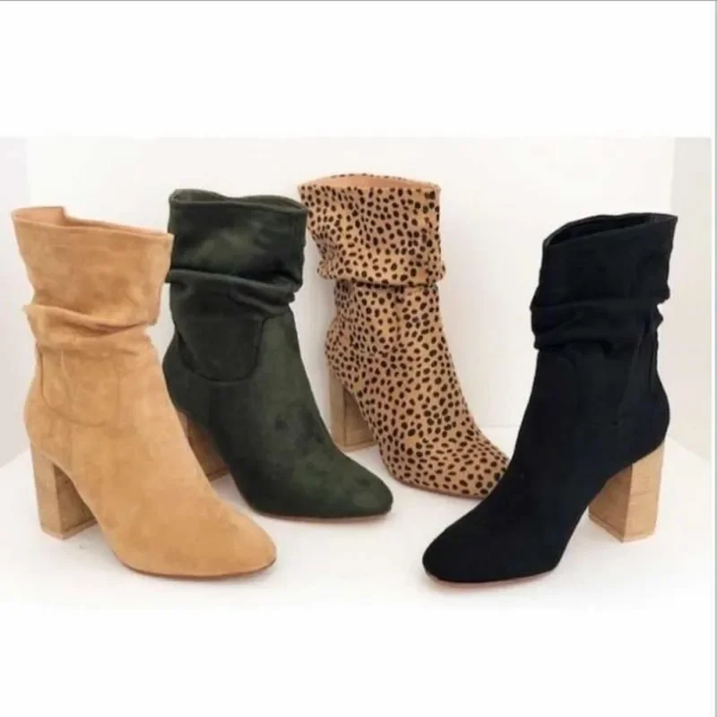 High Heel Ankle Boots Women Fashion Suede Boots Thick Heel Ladies Shoes Slip on Short Boots for Woman Shoes Drop Ship Plus Size