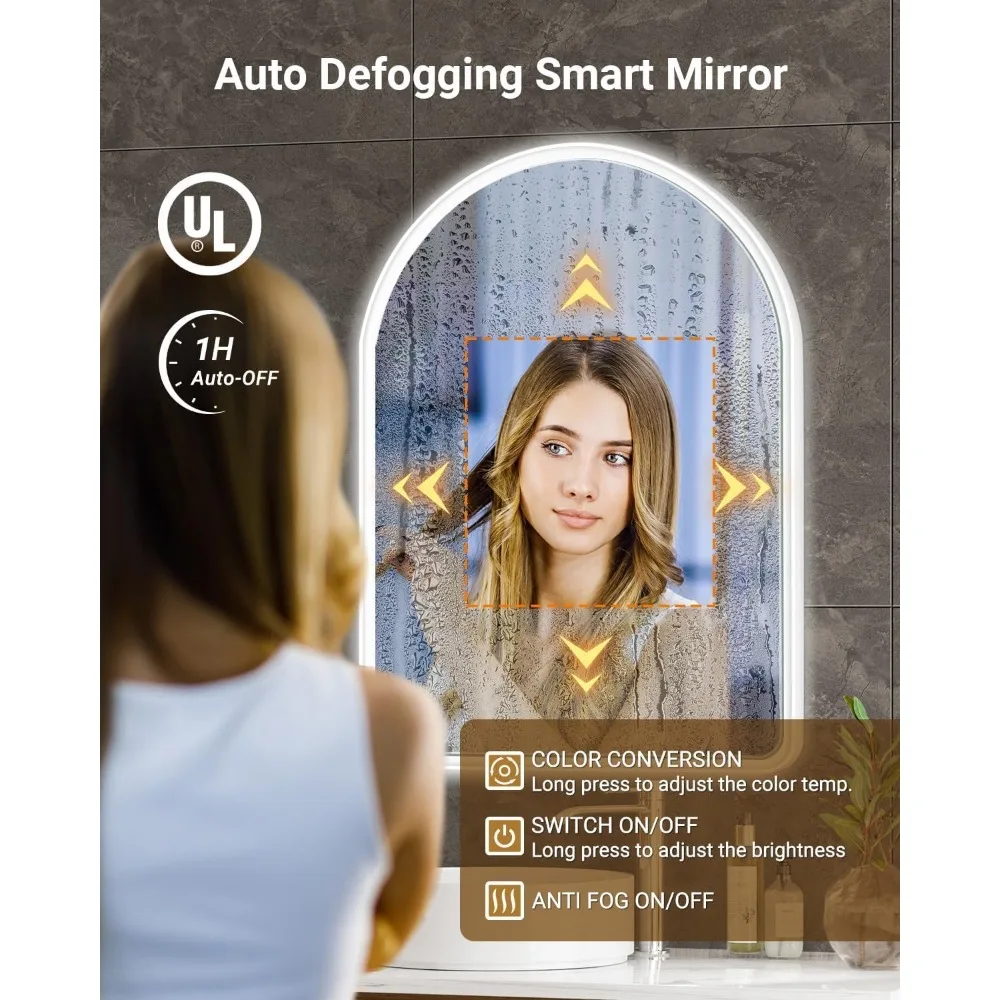 Lustro łazienkowe LED w kształcie łuku, 24x36 cali, z białą ramą zapobiegającą parowaniu i 3-kolorowym, ściemnianym oświetleniem.