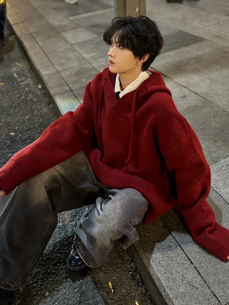 

Красный свободный вязаный свитер для мужчин: осенне-зимняя повседневная удобная толстовка с флисовой подкладкой, молодежный модный топ