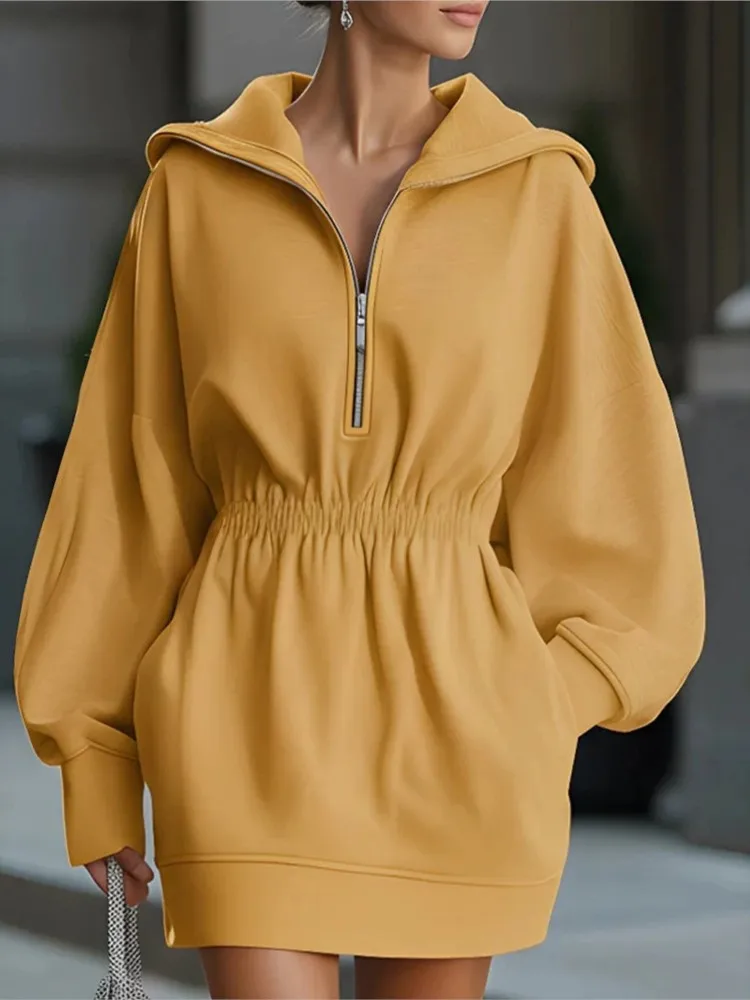 Damen Kapuzenkleid mit halbem Reißverschluss, Herbstmode, neu, einfarbig, elastische Taille, lange Ärmel, Tasche, locker geschnittenes, lässiges Mini-Hoodie-Kleid