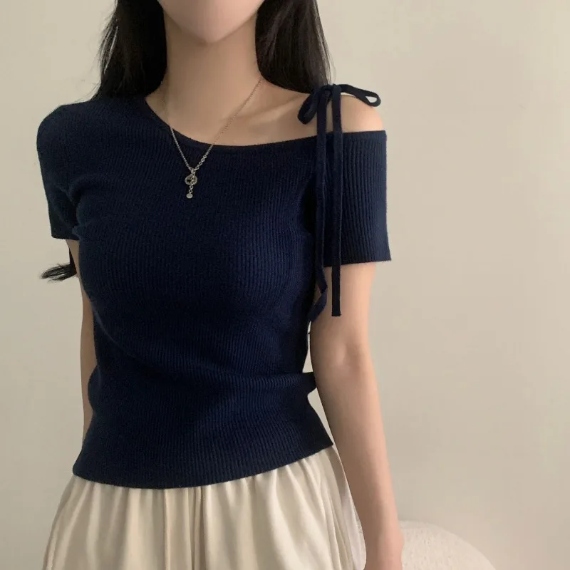 Korean Chic Bandage Bow Ropa Mujer Short Sleeve Camisetas U-neck Women 2024 Tops Summer T Shirt Feminino Sexy Clothes