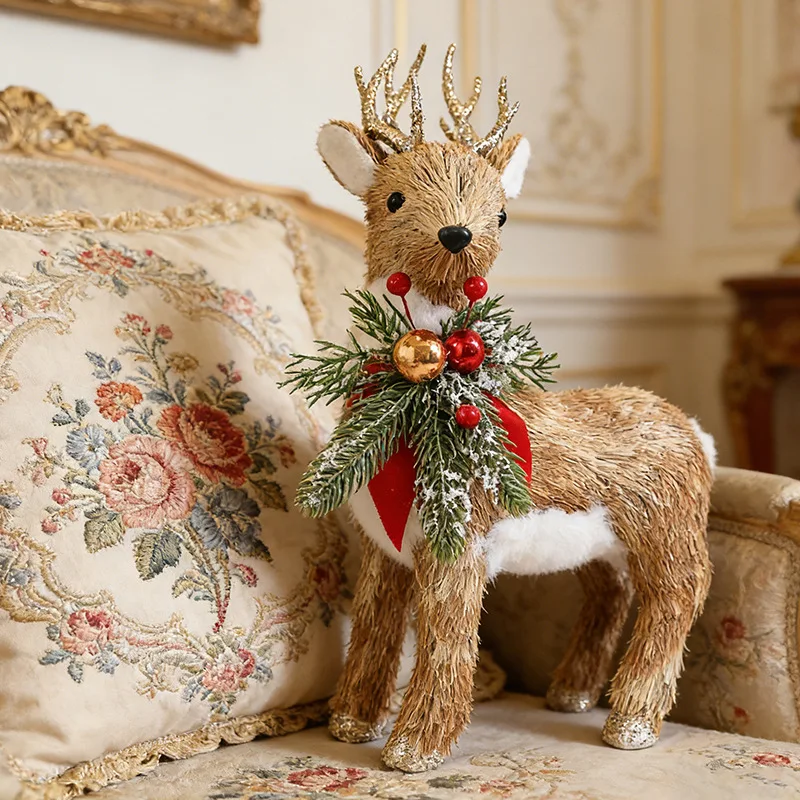 New Christmas Straw Fox and Squirrel Ornaments DIY Christmas Decorations for Window Displays and Indoor Reindeer Figurines
