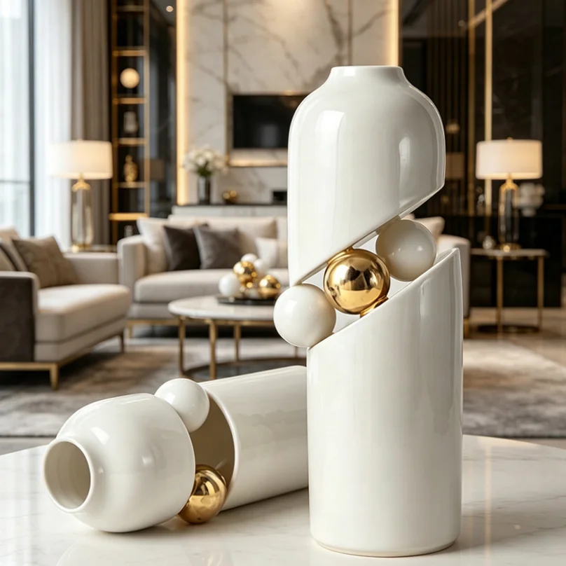 Ceramic luxury high-end electroplated gold vase, office desktop, living room, foyer, home decoration