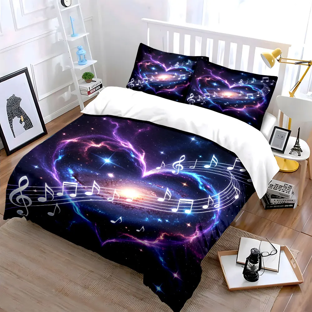 Music Melody in Galactic Heart Bedding Set for Kids Luxury Gift 3pcs Digital Print Comforter Set Soft Comfortable Breathable