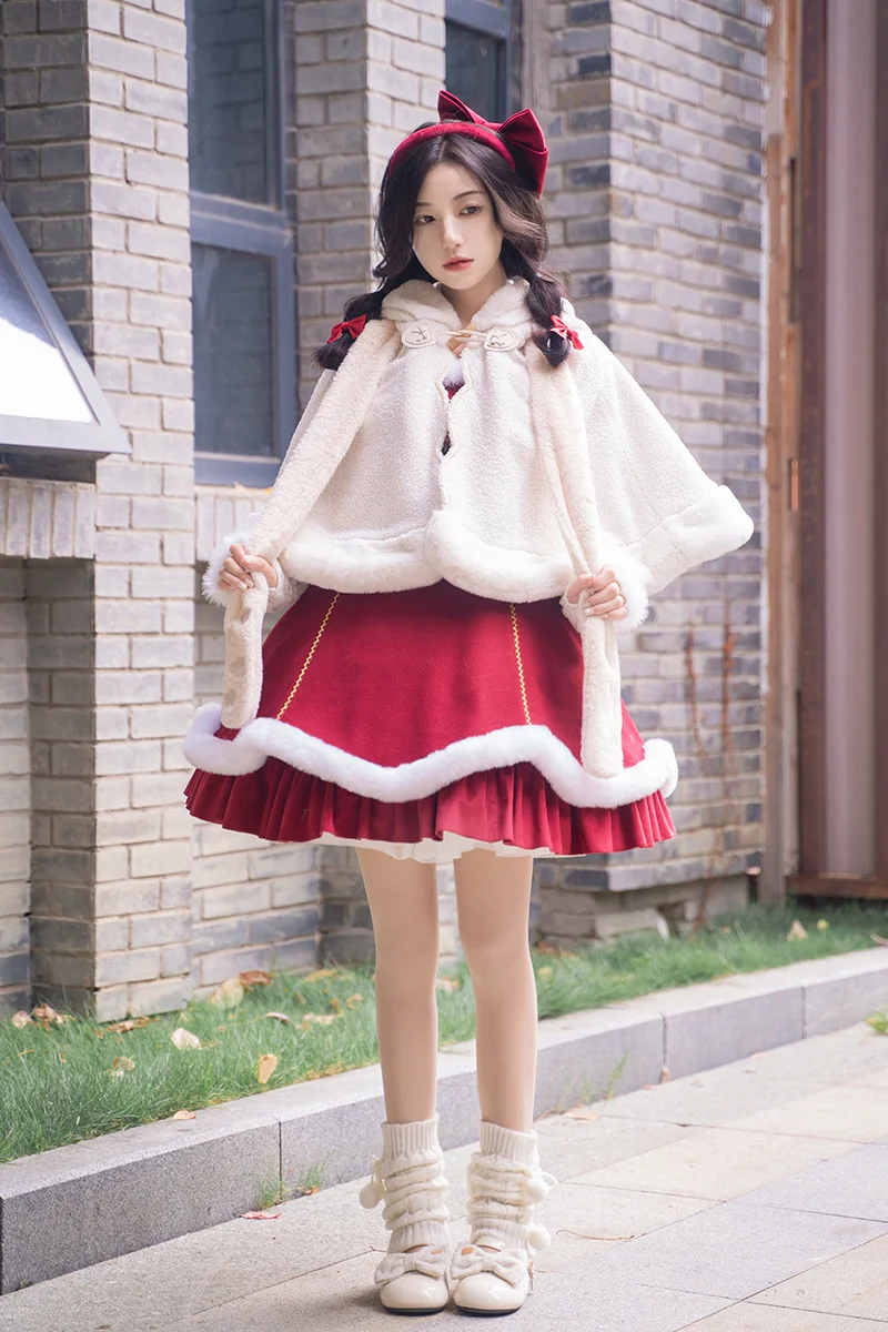 Japanese Kawaii Girls Cosplay Lolita Winter Hat Cloak White Fluffy Warm Sheep Ears  Cute Cartoon Sweet  Solid Color Cloak