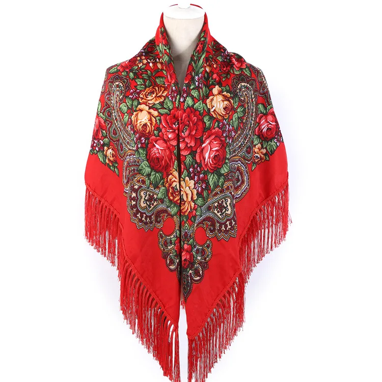 

Women Russian Style Peony Floral Printed Long Tassel Large Square Scarf Warm Cotton Wrap Traditional Ethnic Mexican Shawl