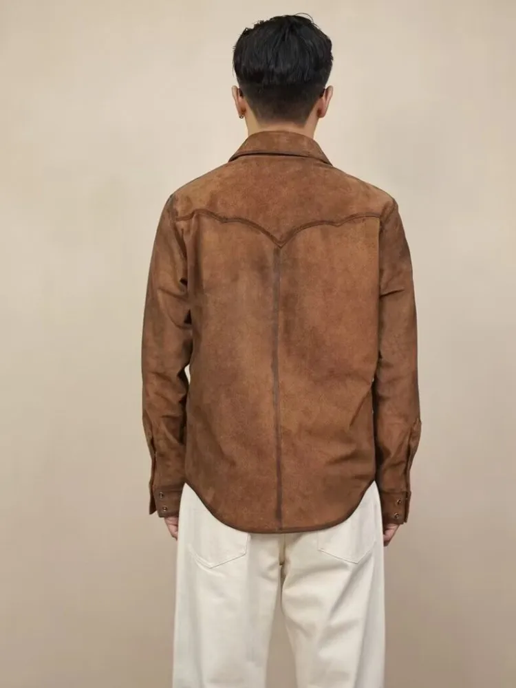 American Casual Male Luxury Cow Suede Jacket Turndown Collar Single Breasted Retro Real Leather Jackets Pocket Solid Color Coat