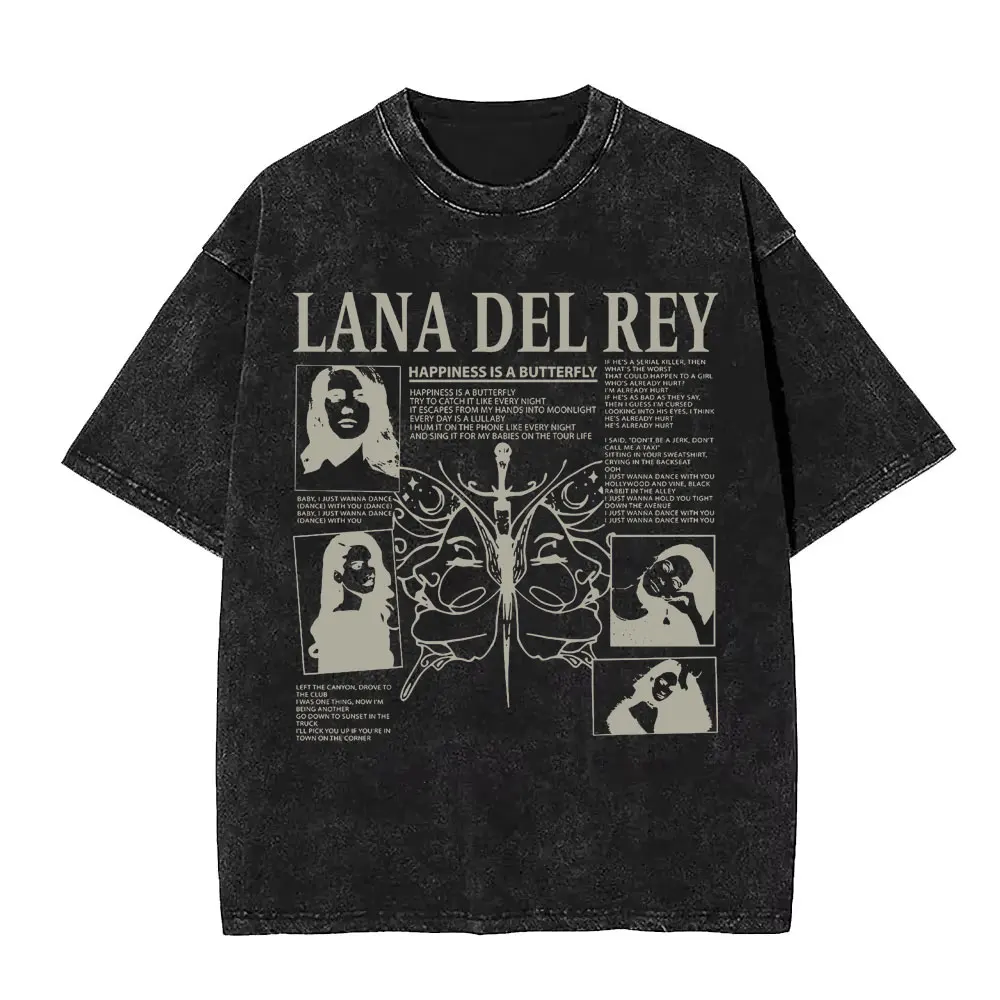 

Lana Del Rey Happiness Is A Butterfly Vintage Washed T-shirt Men Women Hip Hop Oversized T-shirts Men's Fashion Casual Tee Shirt