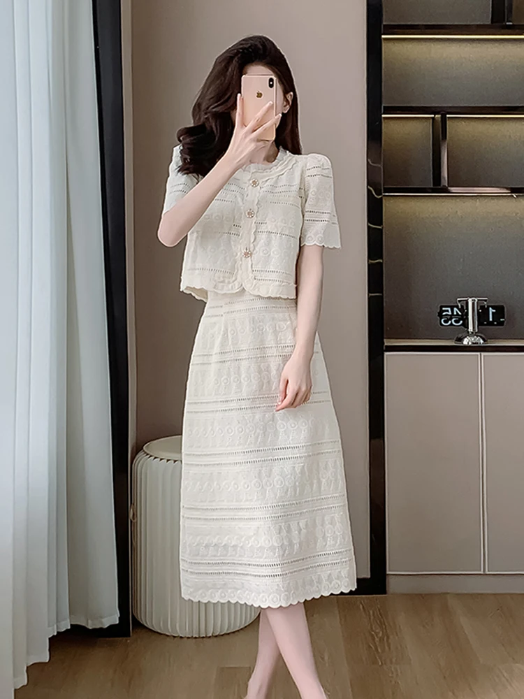 New Summer Beige Hollow Out Two Piece Set Women\'s O Neck Single Breasted Rufflses Shirt Top + High Waist A Line Mid Skirt Suits