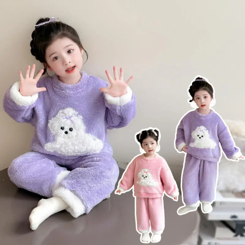 

Пижамный комплект для девочек, осенне-зимняя теплая домашняя одежда с героями мультфильмов, домашняя одежда из кораллового флиса, удобная детская одежда для детей от 7 до 12 лет